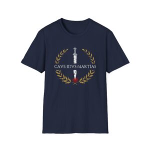 Latin Motto Sword T-Shirt — "Cave Idus Martias" Laurel Crest Tee